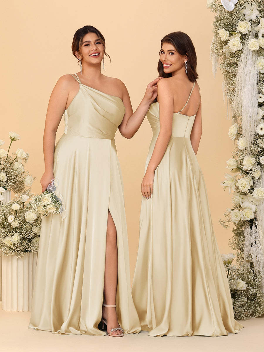 A Line Princess Spaghetti Straps Sleeveless Long Ruched Bridesmaid Dresses With Split Side