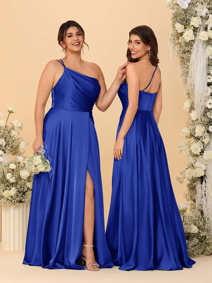 A Line Princess Spaghetti Straps Sleeveless Long Ruched Bridesmaid Dresses With Split Side