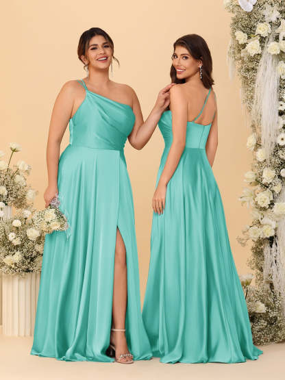A Line Princess Spaghetti Straps Sleeveless Long Ruched Bridesmaid Dresses With Split Side