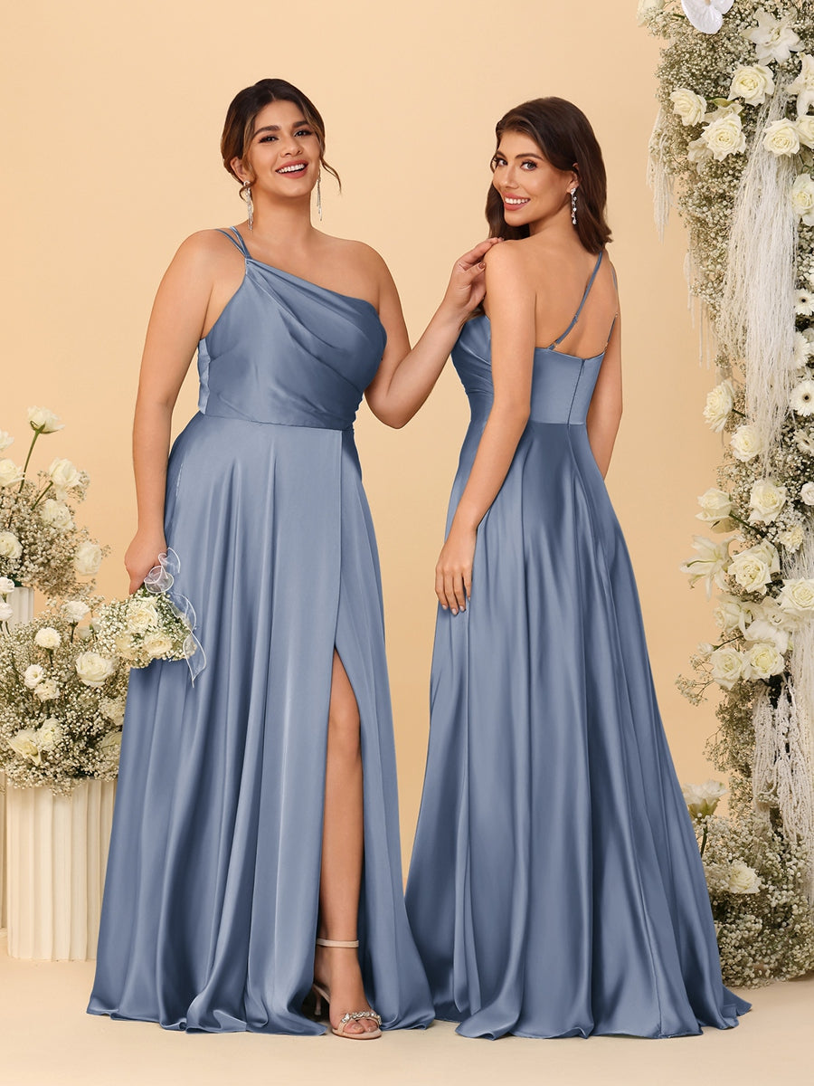 A Line Princess Spaghetti Straps Sleeveless Long Ruched Bridesmaid Dresses With Split Side