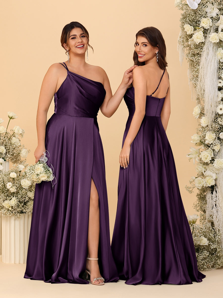 A Line Princess Spaghetti Straps Sleeveless Long Ruched Bridesmaid Dresses With Split Side