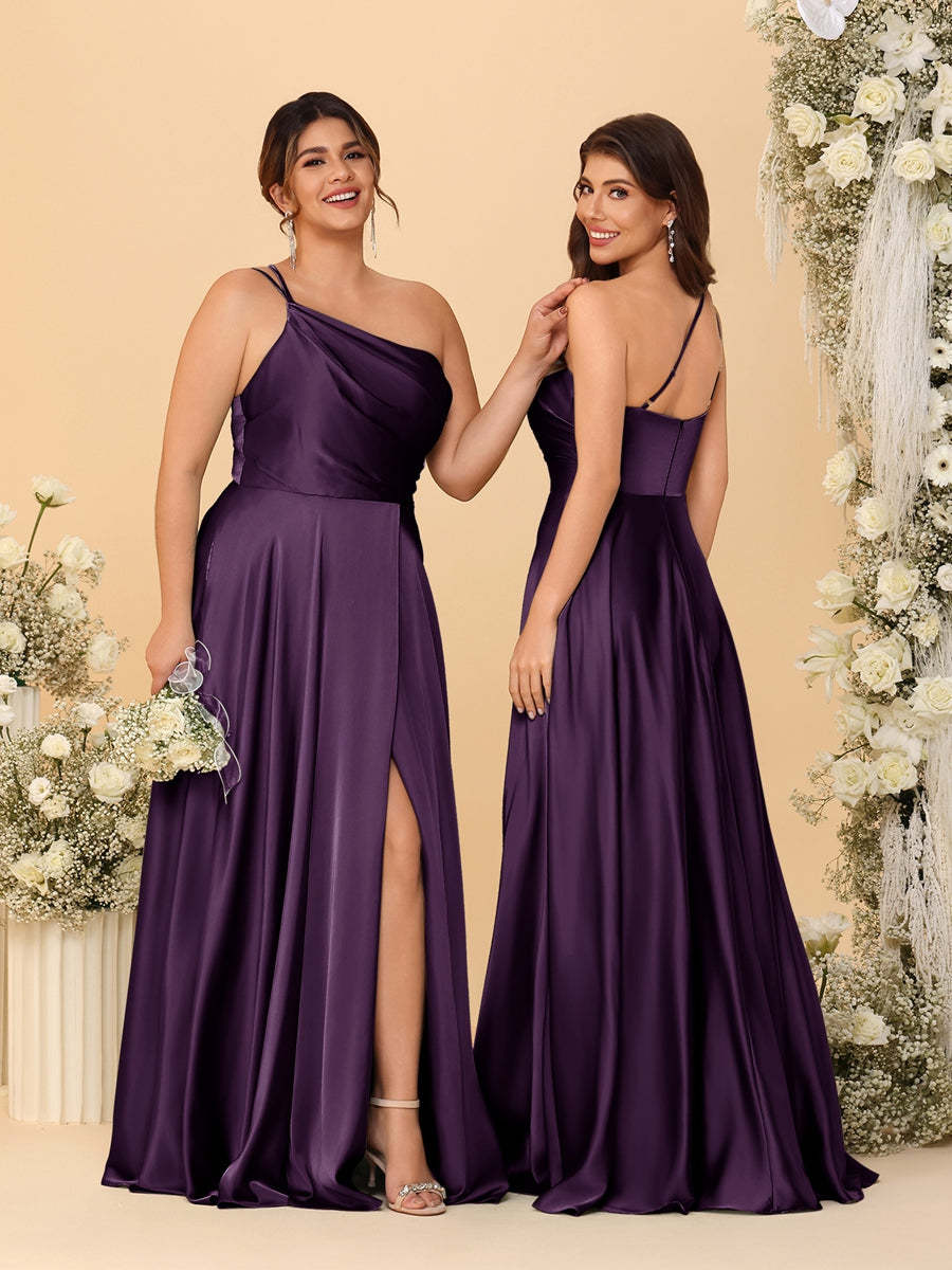 A Line Princess Spaghetti Straps Sleeveless Long Ruched Bridesmaid Dresses With Split Side