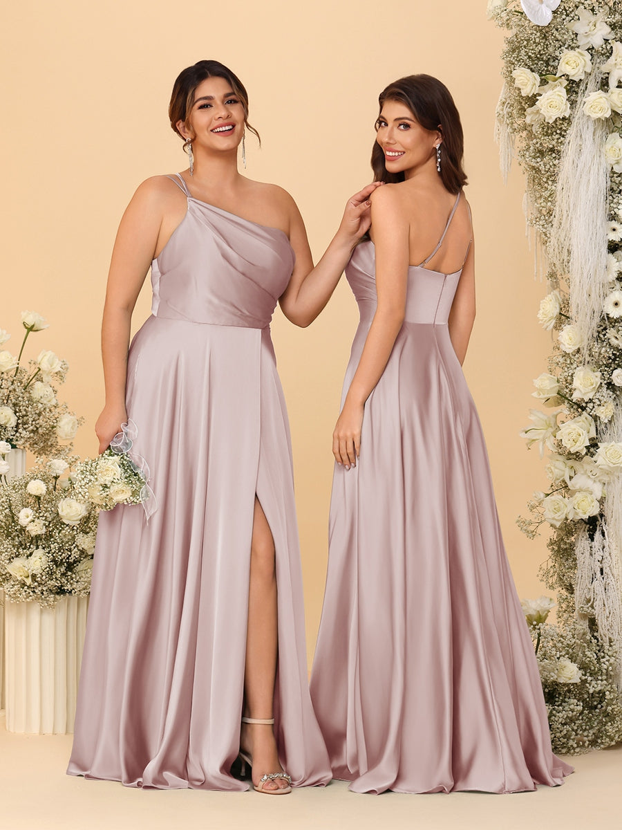 A Line Princess Spaghetti Straps Sleeveless Long Ruched Bridesmaid Dresses With Split Side