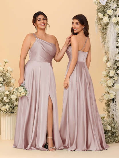 A Line Princess Spaghetti Straps Sleeveless Long Ruched Bridesmaid Dresses With Split Side