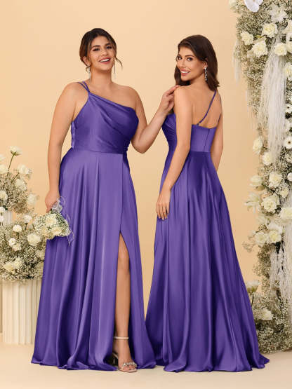 A Line Princess Spaghetti Straps Sleeveless Long Ruched Bridesmaid Dresses With Split Side