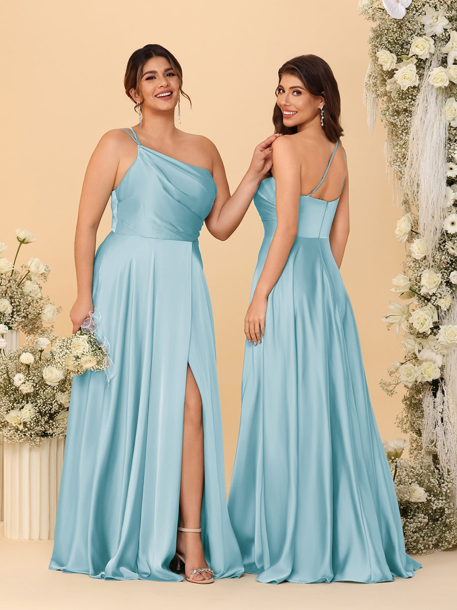 A Line Princess Spaghetti Straps Sleeveless Long Ruched Bridesmaid Dresses With Split Side