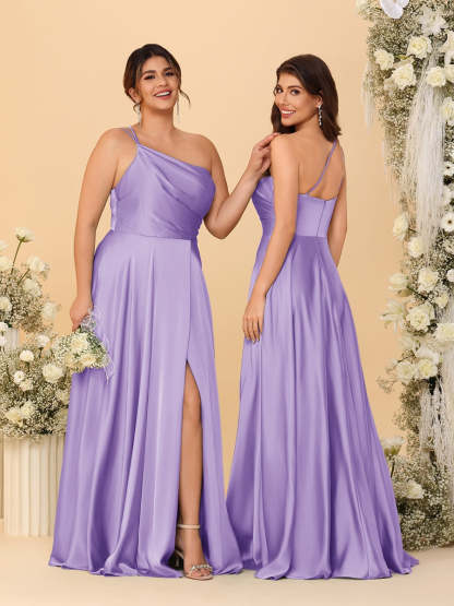 A Line Princess Spaghetti Straps Sleeveless Long Ruched Bridesmaid Dresses With Split Side