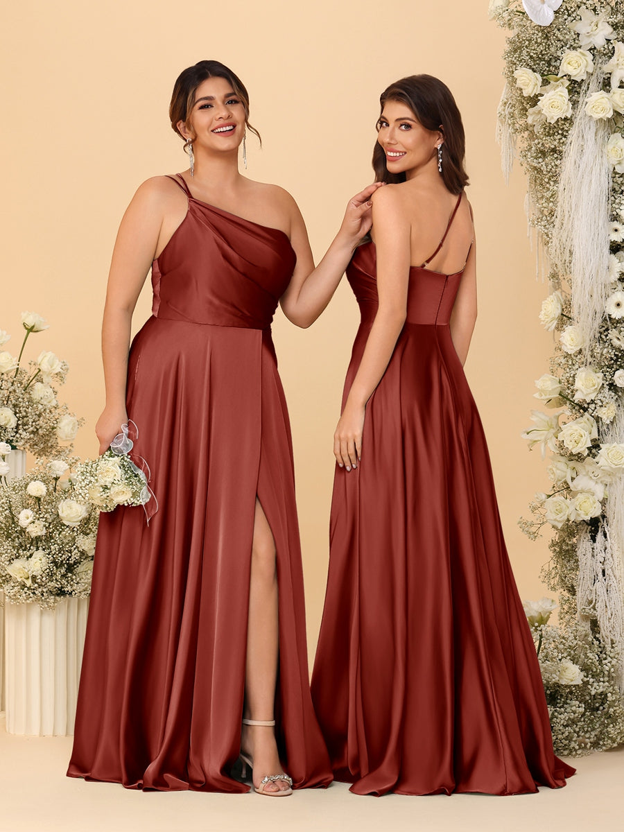 A Line Princess Spaghetti Straps Sleeveless Long Ruched Bridesmaid Dresses With Split Side