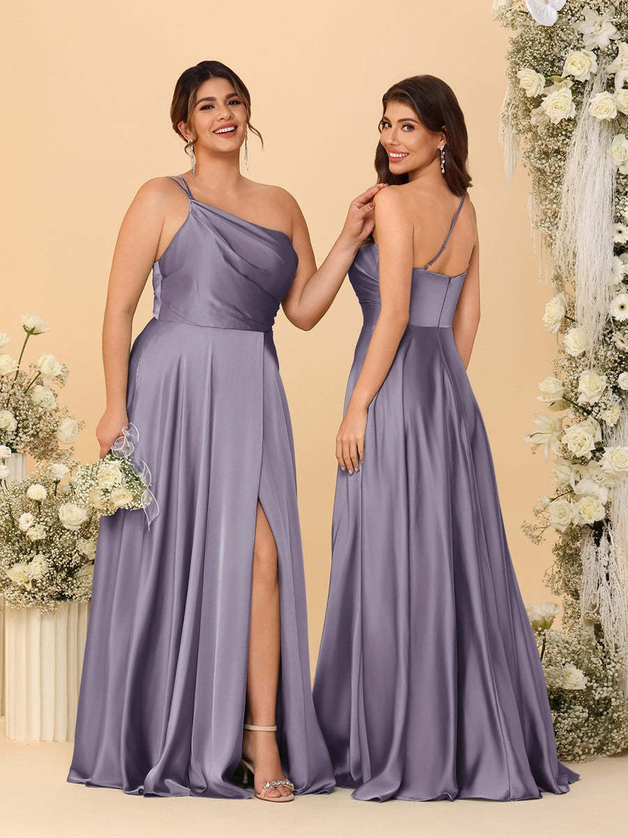 A Line Princess Spaghetti Straps Sleeveless Long Ruched Bridesmaid Dresses With Split Side