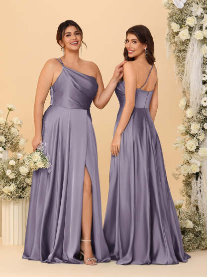 A Line Princess Spaghetti Straps Sleeveless Long Ruched Bridesmaid Dresses With Split Side