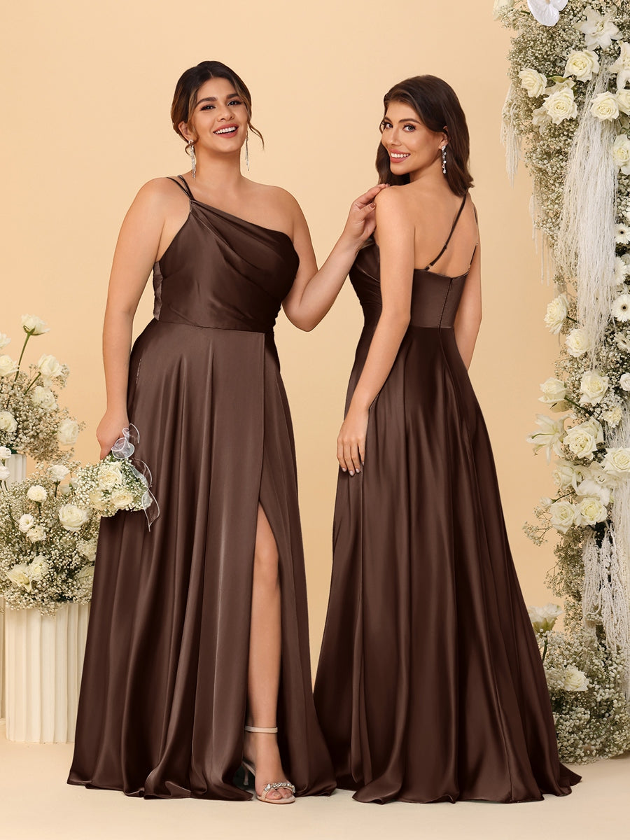 A Line Princess Spaghetti Straps Sleeveless Long Ruched Bridesmaid Dresses With Split Side