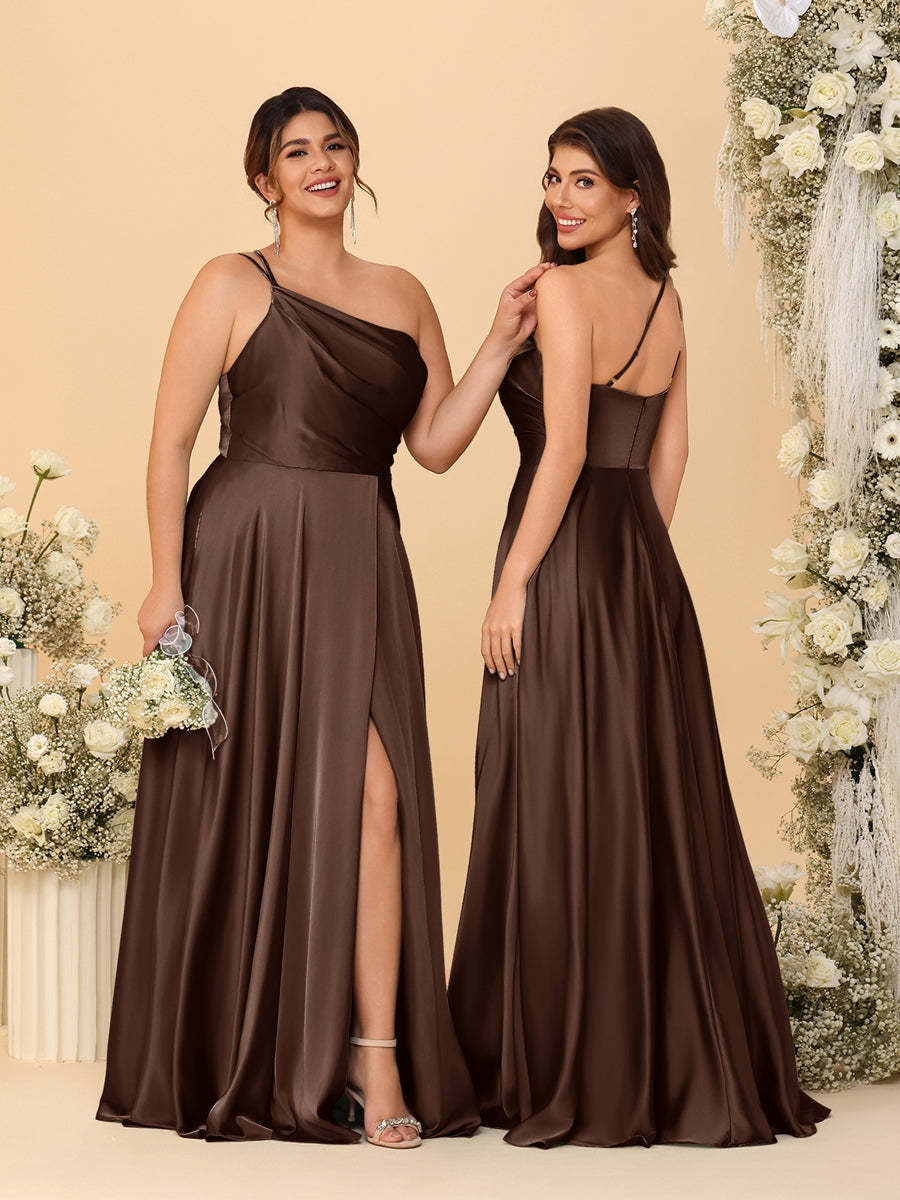 A Line Princess Spaghetti Straps Sleeveless Long Ruched Bridesmaid Dresses With Split Side