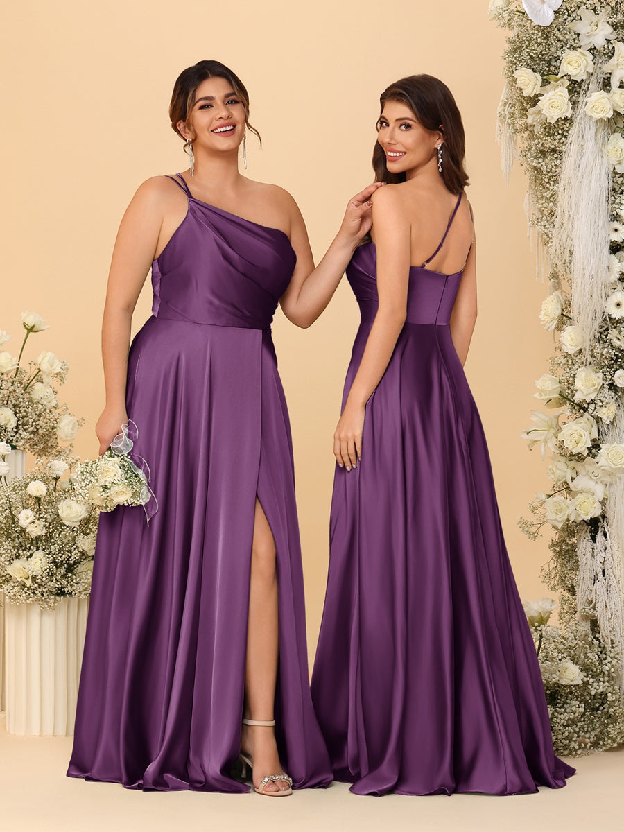 A Line Princess Spaghetti Straps Sleeveless Long Ruched Bridesmaid Dresses With Split Side