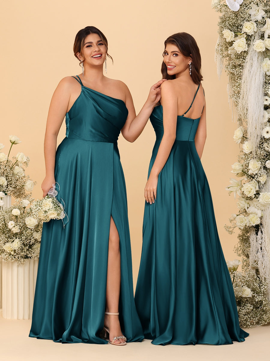 A Line Princess Spaghetti Straps Sleeveless Long Ruched Bridesmaid Dresses With Split Side
