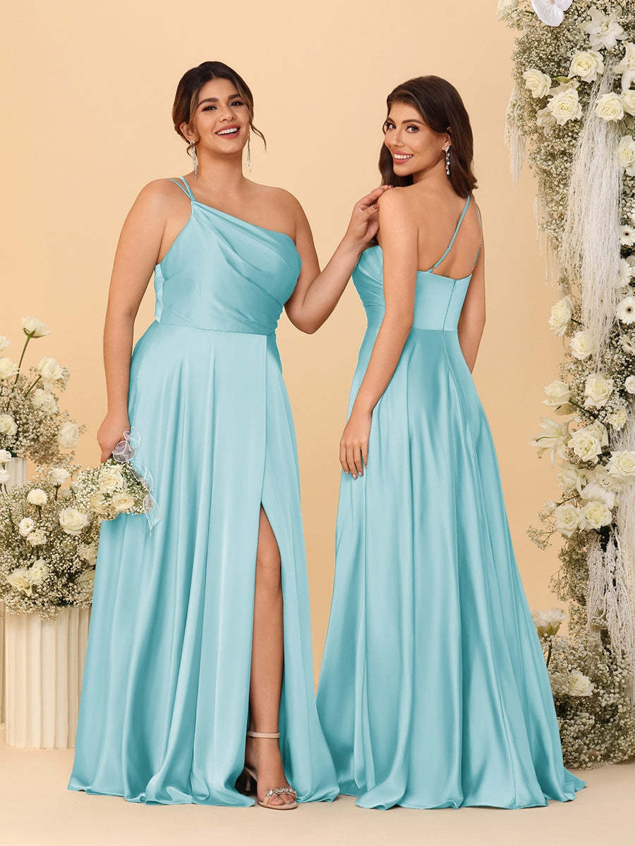 A Line Princess Spaghetti Straps Sleeveless Long Ruched Bridesmaid Dresses With Split Side