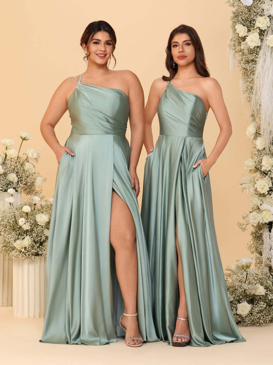 A Line Princess Spaghetti Straps Sleeveless Long Ruched Bridesmaid Dresses With Split Side