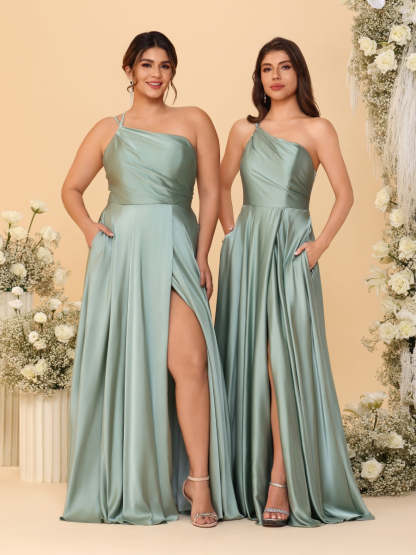 A Line Princess Spaghetti Straps Sleeveless Long Ruched Bridesmaid Dresses With Split Side