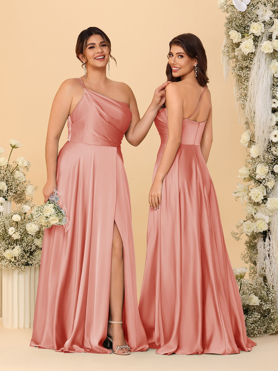 A Line Princess Spaghetti Straps Sleeveless Long Ruched Bridesmaid Dresses With Split Side
