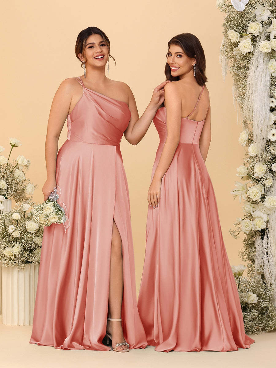 A Line Princess Spaghetti Straps Sleeveless Long Ruched Bridesmaid Dresses With Split Side