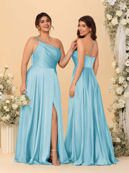 A Line Princess Spaghetti Straps Sleeveless Long Ruched Bridesmaid Dresses With Split Side
