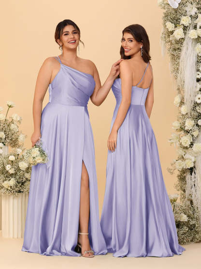 A Line Princess Spaghetti Straps Sleeveless Long Ruched Bridesmaid Dresses With Split Side