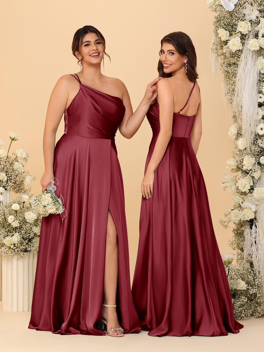 A Line Princess Spaghetti Straps Sleeveless Long Ruched Bridesmaid Dresses With Split Side