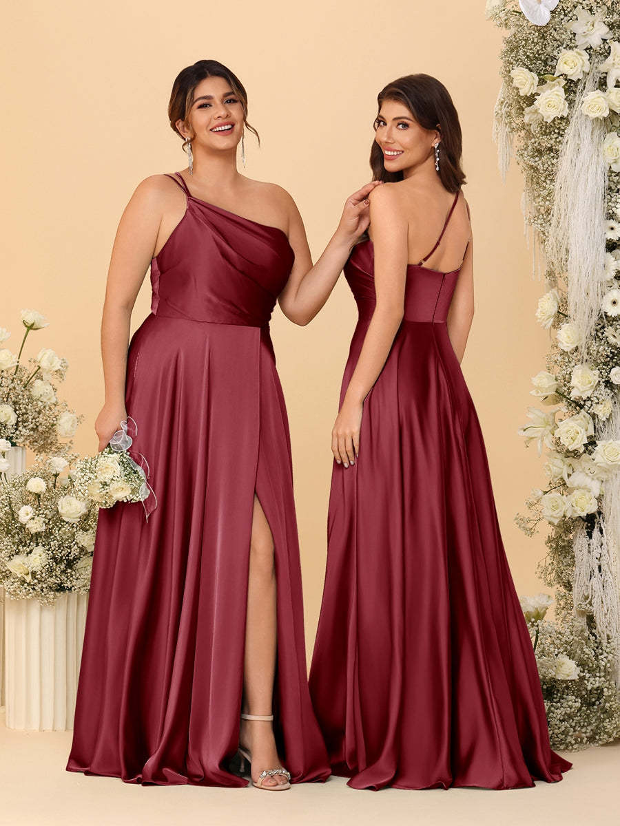 A Line Princess Spaghetti Straps Sleeveless Long Ruched Bridesmaid Dresses With Split Side