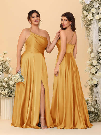 A Line Princess Spaghetti Straps Sleeveless Long Ruched Bridesmaid Dresses With Split Side