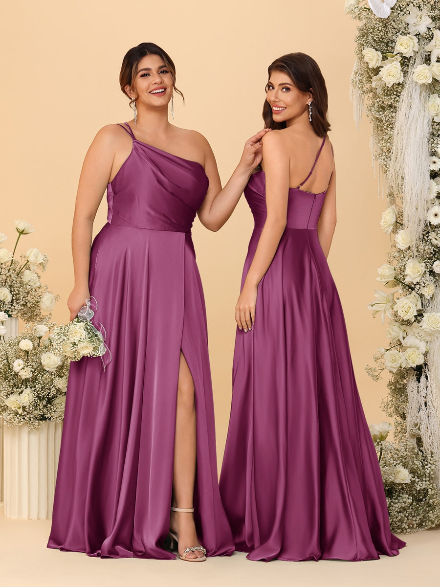 A Line Princess Spaghetti Straps Sleeveless Long Ruched Bridesmaid Dresses With Split Side