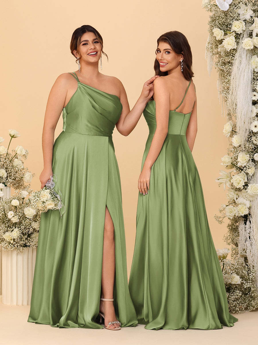 A Line Princess Spaghetti Straps Sleeveless Long Ruched Bridesmaid Dresses With Split Side