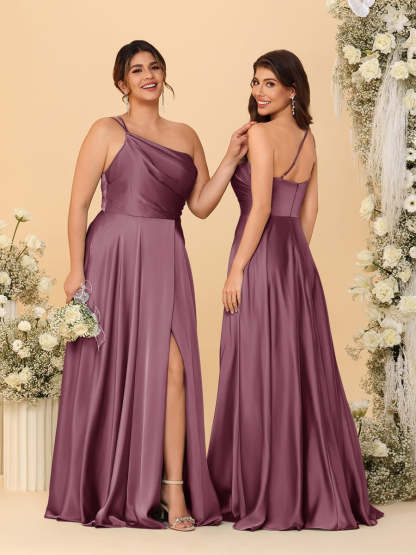 A Line Princess Spaghetti Straps Sleeveless Long Ruched Bridesmaid Dresses With Split Side