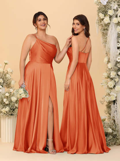 A Line Princess Spaghetti Straps Sleeveless Long Ruched Bridesmaid Dresses With Split Side