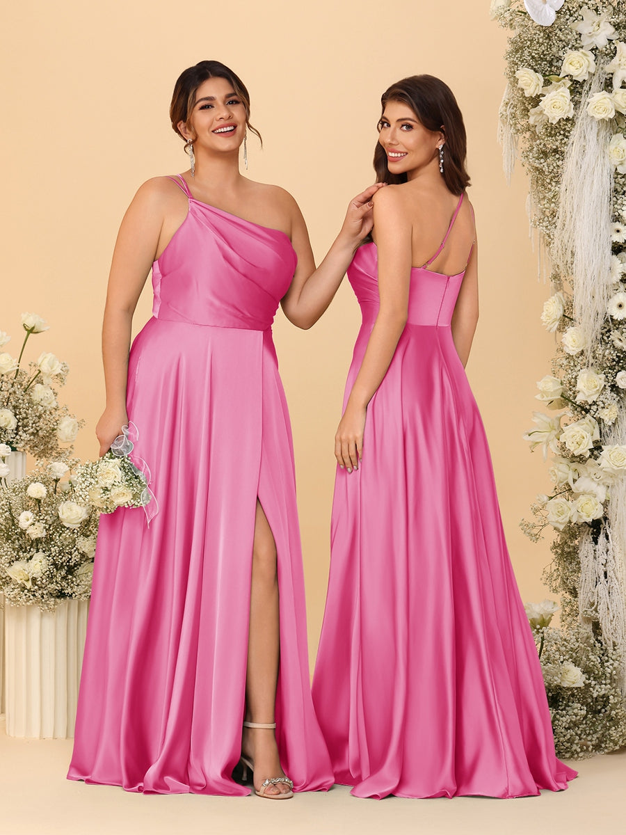 A Line Princess Spaghetti Straps Sleeveless Long Ruched Bridesmaid Dresses With Split Side