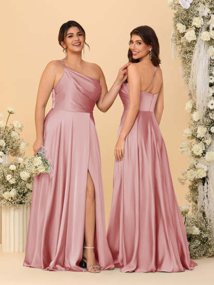 A Line Princess Spaghetti Straps Sleeveless Long Ruched Bridesmaid Dresses With Split Side