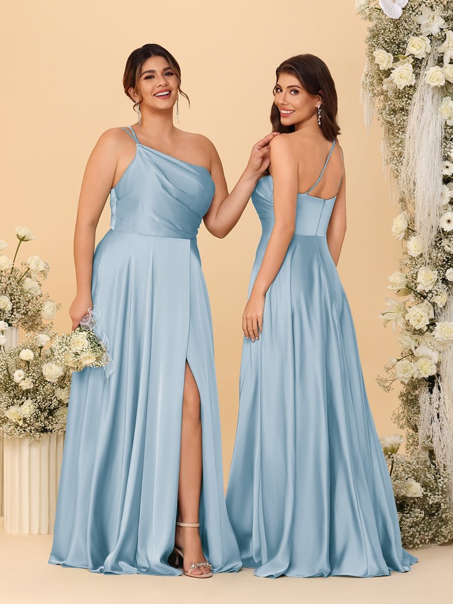 A Line Princess Spaghetti Straps Sleeveless Long Ruched Bridesmaid Dresses With Split Side