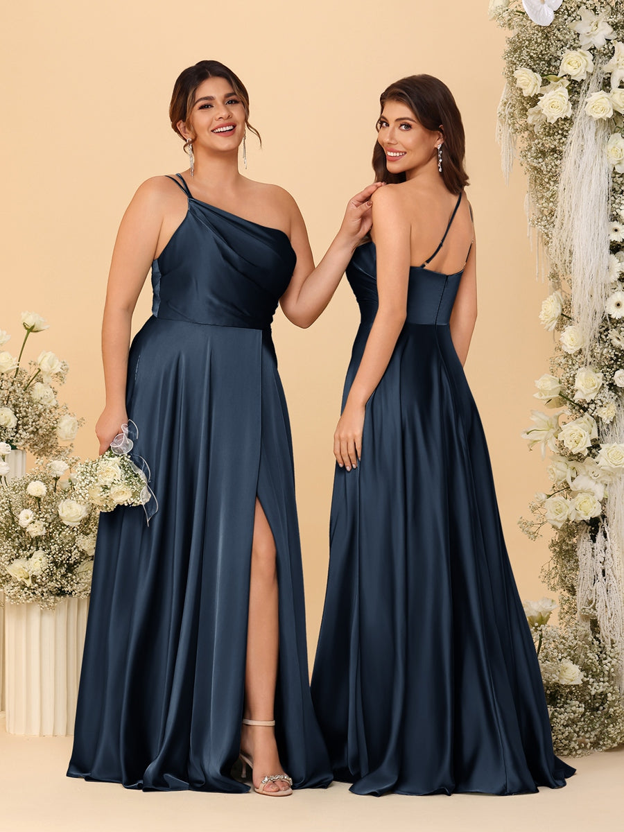 A Line Princess Spaghetti Straps Sleeveless Long Ruched Bridesmaid Dresses With Split Side