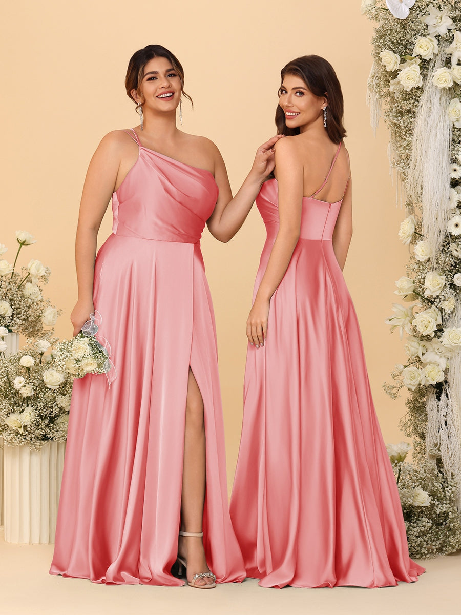 A Line Princess Spaghetti Straps Sleeveless Long Ruched Bridesmaid Dresses With Split Side