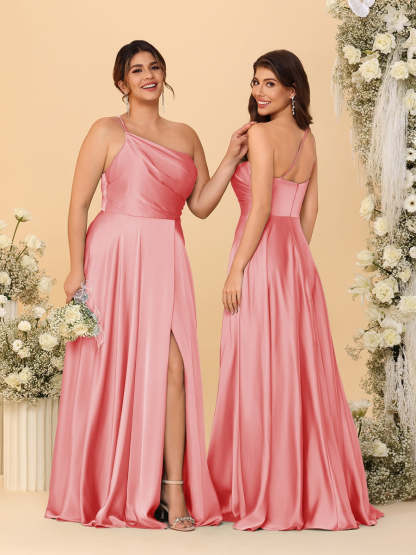 A Line Princess Spaghetti Straps Sleeveless Long Ruched Bridesmaid Dresses With Split Side