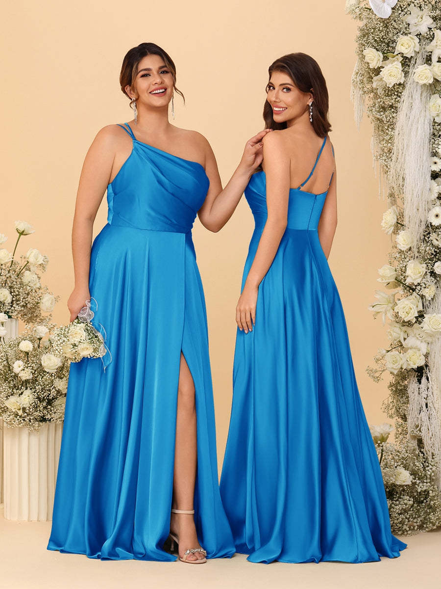 A Line Princess Spaghetti Straps Sleeveless Long Ruched Bridesmaid Dresses With Split Side