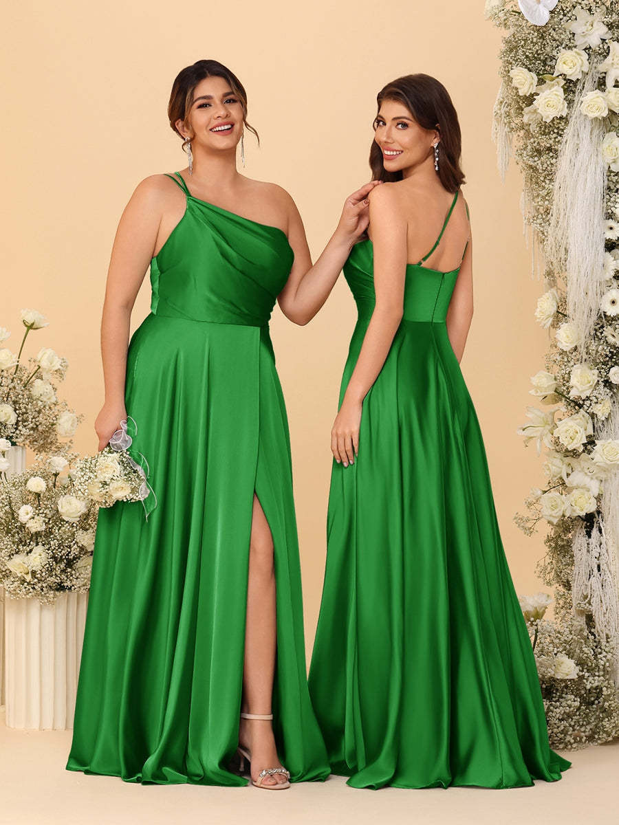 A Line Princess Spaghetti Straps Sleeveless Long Ruched Bridesmaid Dresses With Split Side