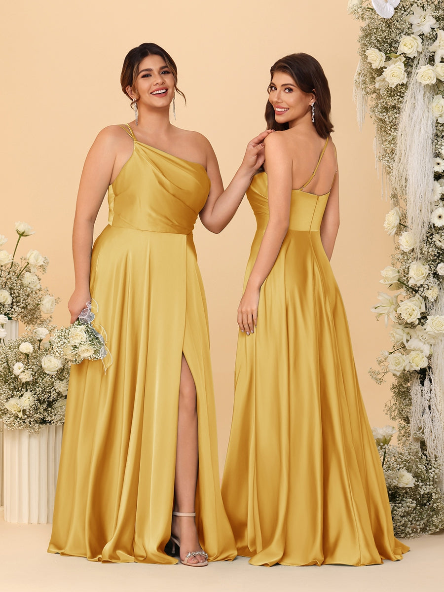 A Line Princess Spaghetti Straps Sleeveless Long Ruched Bridesmaid Dresses With Split Side