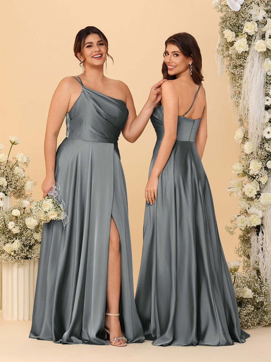 A Line Princess Spaghetti Straps Sleeveless Long Ruched Bridesmaid Dresses With Split Side