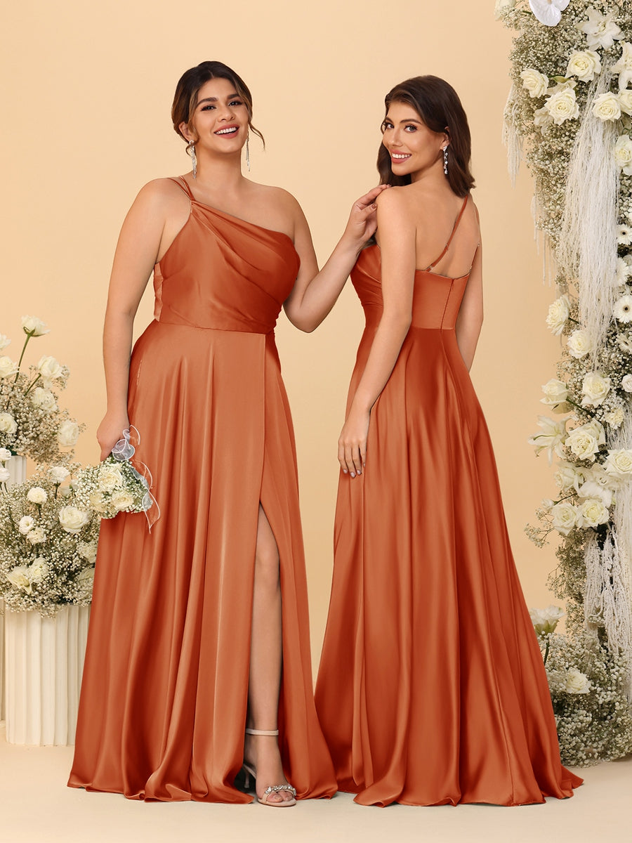 A Line Princess Spaghetti Straps Sleeveless Long Ruched Bridesmaid Dresses With Split Side