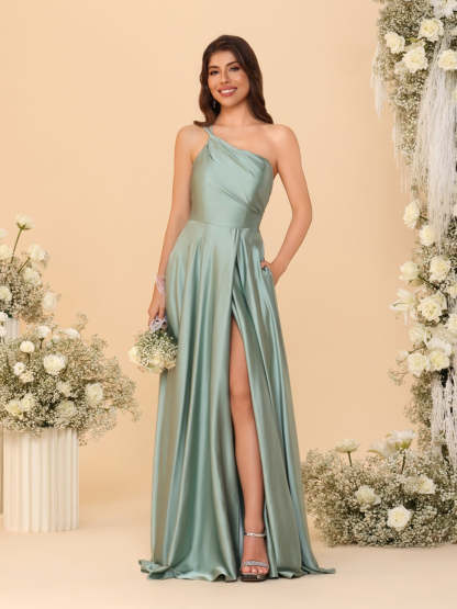 A Line Princess Spaghetti Straps Sleeveless Long Ruched Bridesmaid Dresses With Split Side
