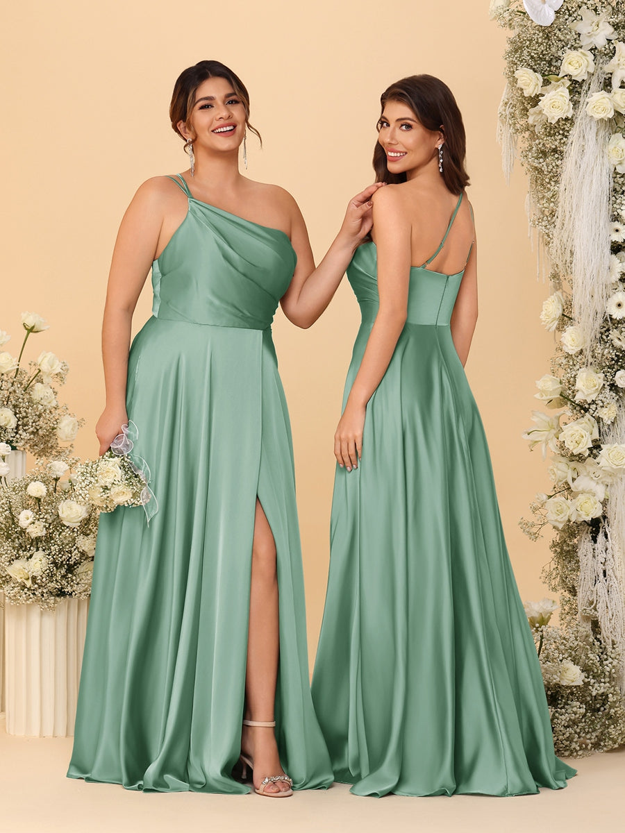 A Line Princess Spaghetti Straps Sleeveless Long Ruched Bridesmaid Dresses With Split Side