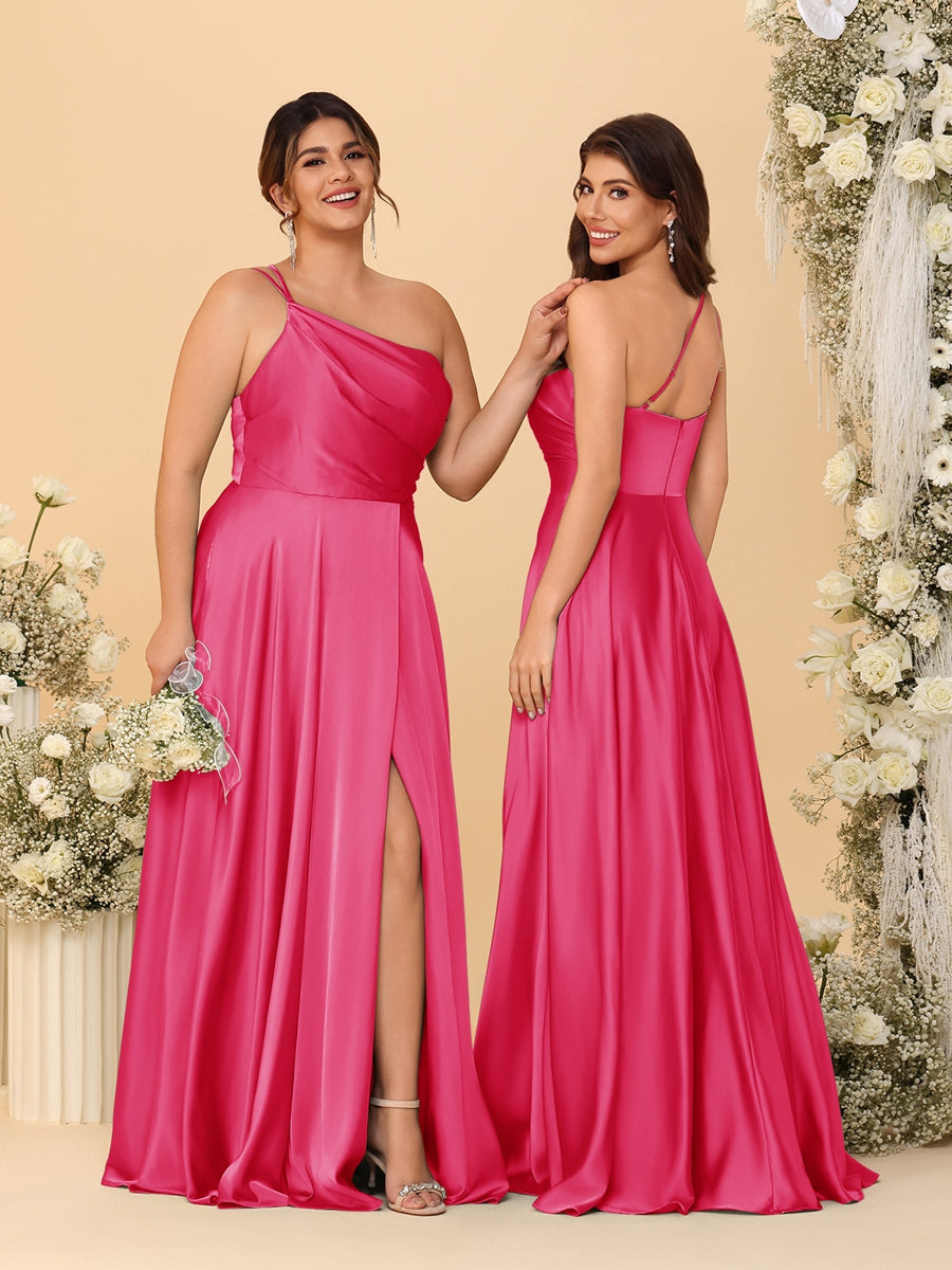 A Line Princess Spaghetti Straps Sleeveless Long Ruched Bridesmaid Dresses With Split Side