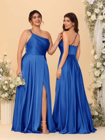 A Line Princess Spaghetti Straps Sleeveless Long Ruched Bridesmaid Dresses With Split Side