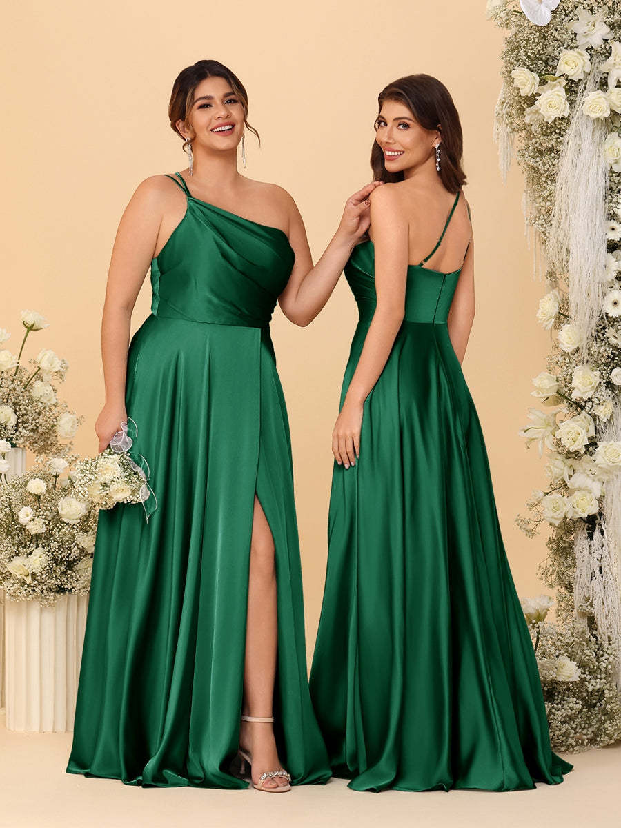 A Line Princess Spaghetti Straps Sleeveless Long Ruched Bridesmaid Dresses With Split Side