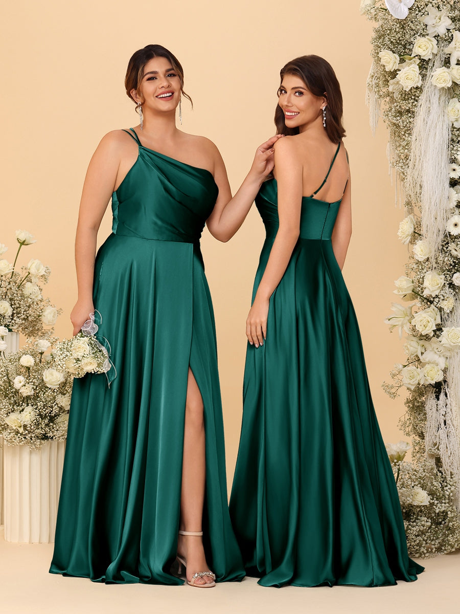 A Line Princess Spaghetti Straps Sleeveless Long Ruched Bridesmaid Dresses With Split Side