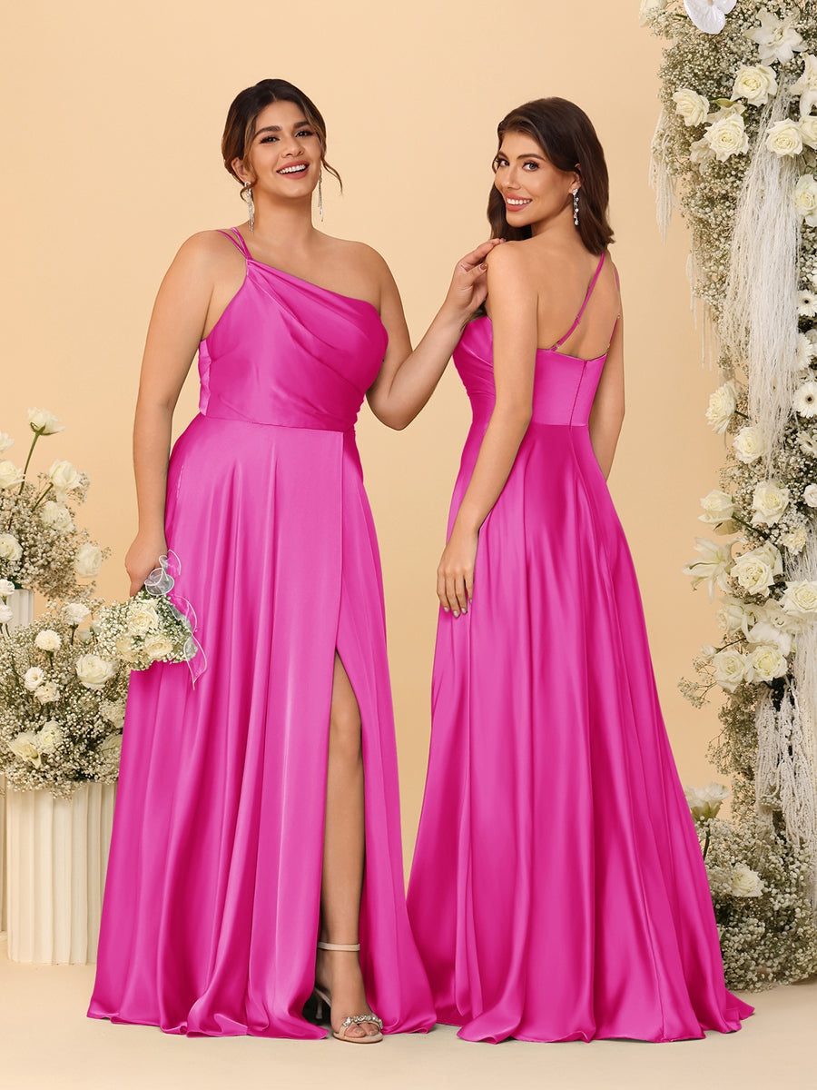 A Line Princess Spaghetti Straps Sleeveless Long Ruched Bridesmaid Dresses With Split Side